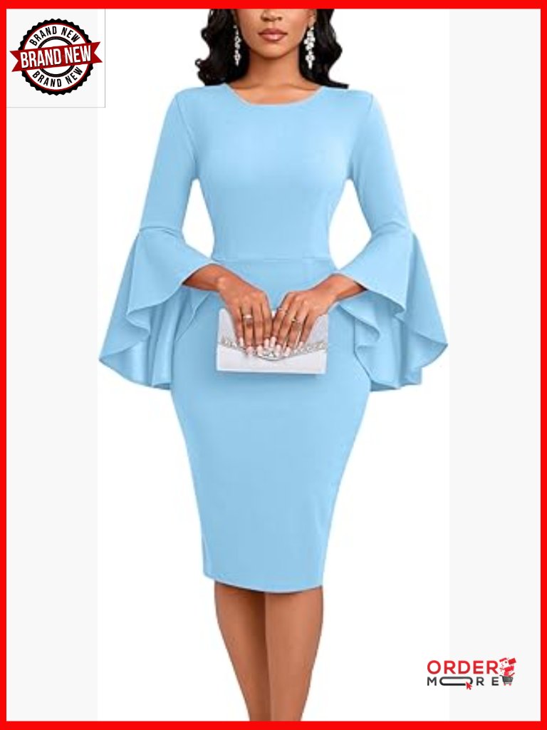 Elegant Vintage Ruffle Sleeve Midi Pencil Dress Cocktail Bodycon